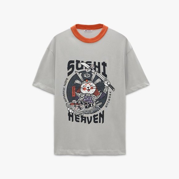 ZARA Men's SUSHI Print Knit Tee MEDIUM Samurai CAT T-SHIRT Grey Sword Cotton - Picture 5 of 8